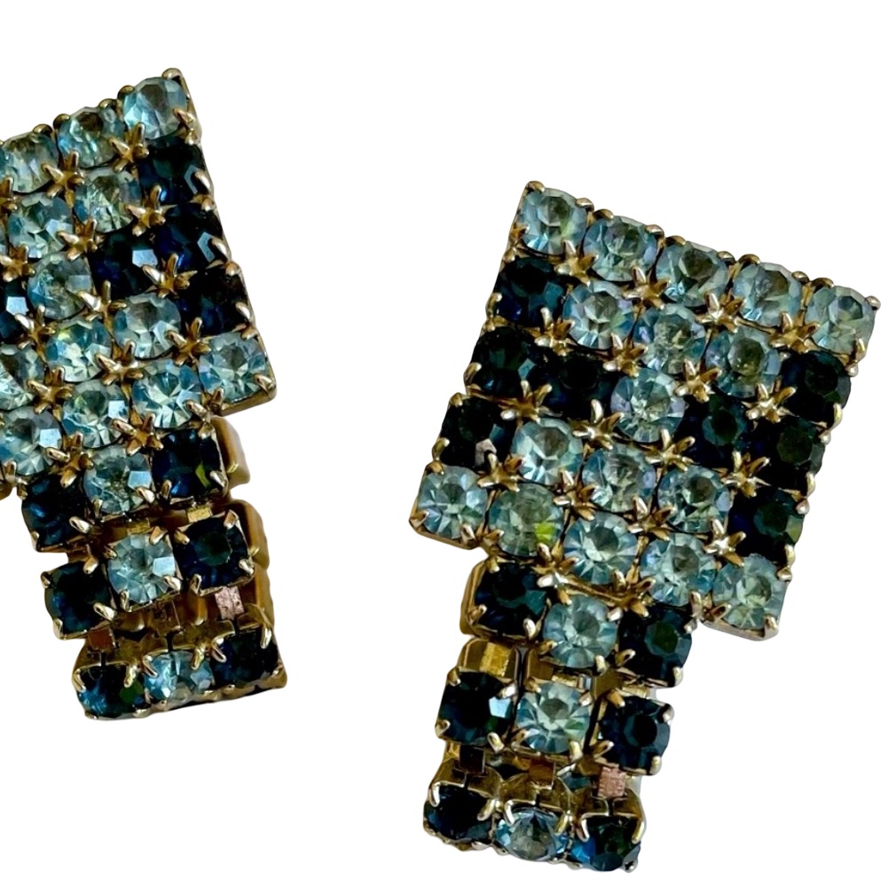 Vintage Blue Rhinestone And Silver Tone Wrap Around Cuff Links